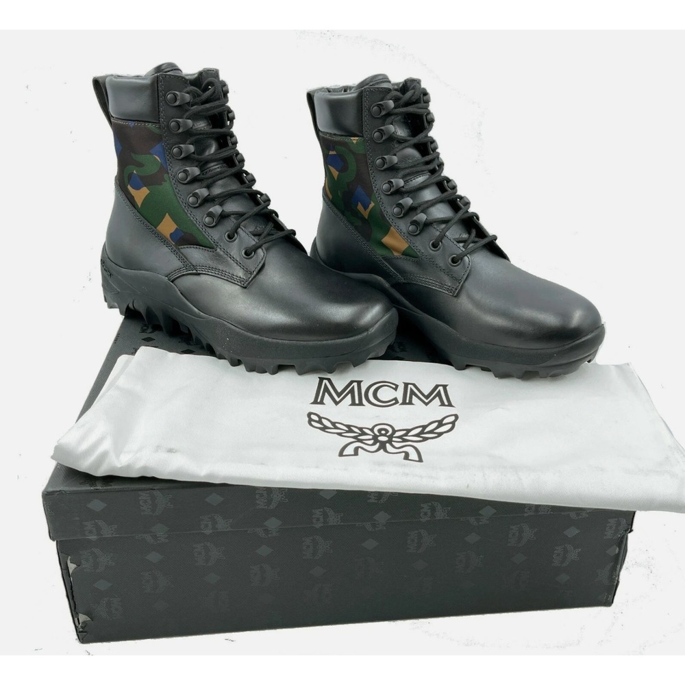 MCM Men's Black Leather Camo Nylon RESNICK Combat Boots Shoes 9AMM80, SZ. 42 - Picture 8 of 12